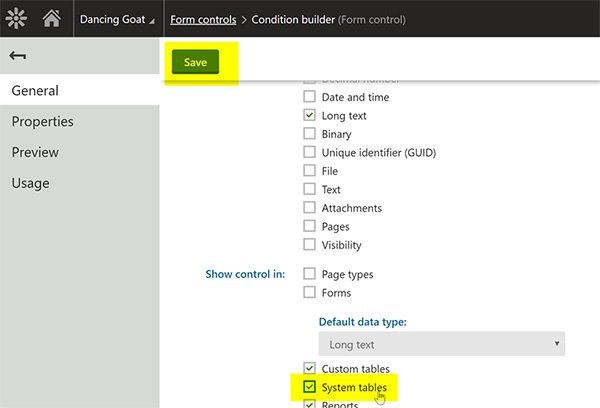 Condition builder form control settings